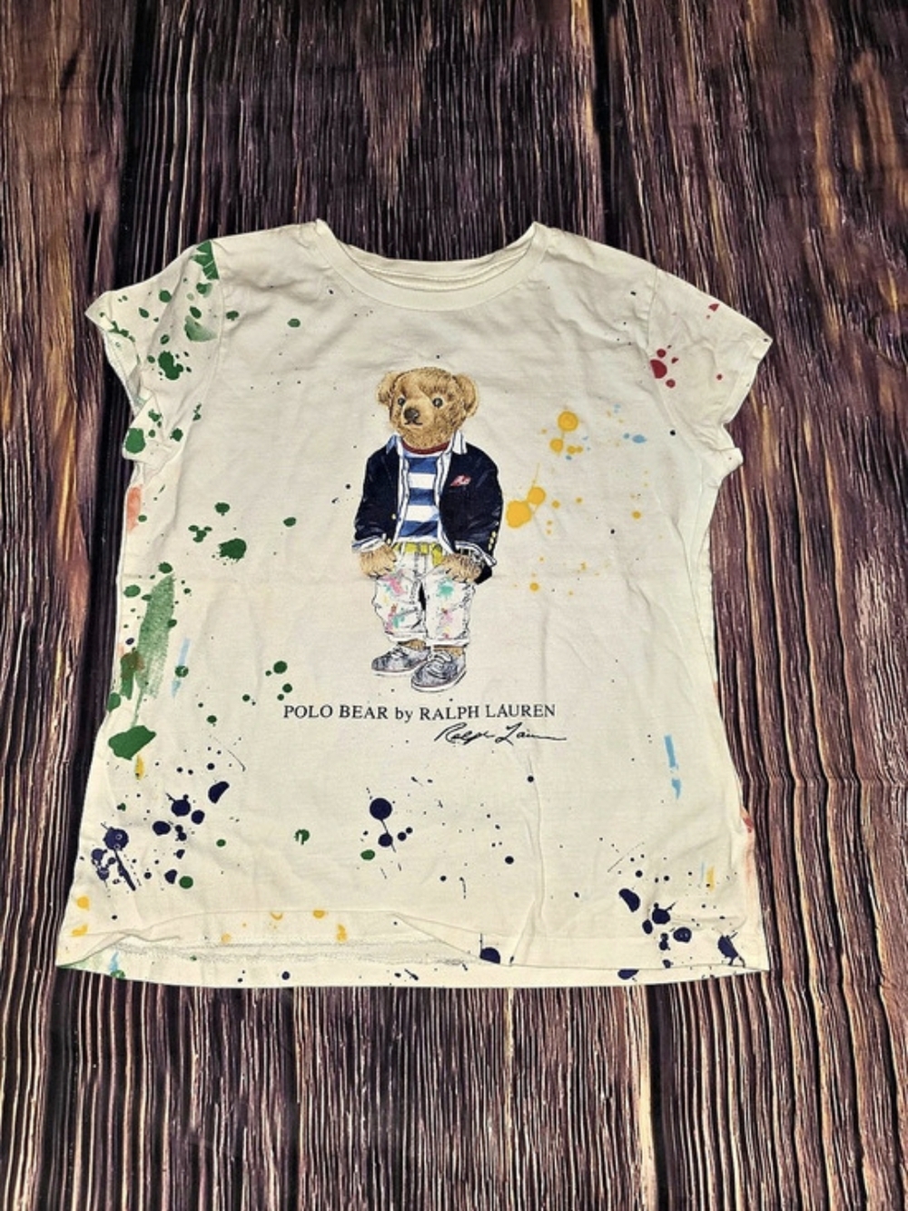 Polo Ralph Lauren Polo Bear Paint-Splatter Jersey Tee Cream & Multicolor Boys M